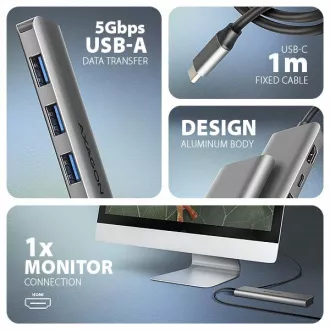 AXAGON HMC-5H, USB 5Gbps húb, 3x USB-A, HDMI 4k/30Hz, PD 100W, kábel USB-C 100cm AXAGON HMC-5H, USB 5Gbps húb, 3x USB-A, HDMI 4k/30Hz, PD 100W, kábel USB-C 100cm