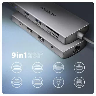 AXAGON HMC-8HLSA, USB 5Gbps húb, 3x USB-A, HDMI 4k/60Hz, RJ-45 GLAN, SD/microSD, audio, PD 100W, kábel USB-C 20cm AXAGON HMC-8HLSA, USB 5Gbps húb, 3x USB-A, HDMI 4k/60Hz, RJ-45 GLAN, SD/microSD, audio, PD 100W, kábel USB-C 20cm