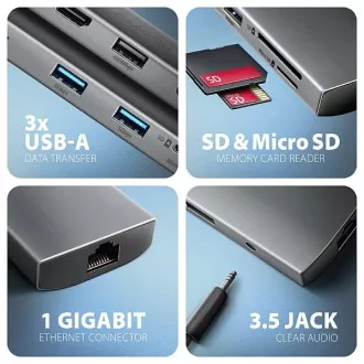 AXAGON HMC-8HLSA, USB 5Gbps húb, 3x USB-A, HDMI 4k/60Hz, RJ-45 GLAN, SD/microSD, audio, PD 100W, kábel USB-C 20cm AXAGON HMC-8HLSA, USB 5Gbps húb, 3x USB-A, HDMI 4k/60Hz, RJ-45 GLAN, SD/microSD, audio, PD 100W, kábel USB-C 20cm
