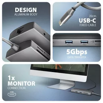 AXAGON HMC-8HLSA, USB 5Gbps húb, 3x USB-A, HDMI 4k/60Hz, RJ-45 GLAN, SD/microSD, audio, PD 100W, kábel USB-C 20cm AXAGON HMC-8HLSA, USB 5Gbps húb, 3x USB-A, HDMI 4k/60Hz, RJ-45 GLAN, SD/microSD, audio, PD 100W, kábel USB-C 20cm