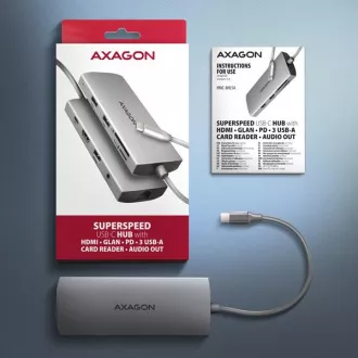 AXAGON HMC-8HLSA, USB 5Gbps húb, 3x USB-A, HDMI 4k/60Hz, RJ-45 GLAN, SD/microSD, audio, PD 100W, kábel USB-C 20cm AXAGON HMC-8HLSA, USB 5Gbps húb, 3x USB-A, HDMI 4k/60Hz, RJ-45 GLAN, SD/microSD, audio, PD 100W, kábel USB-C 20cm