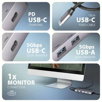 AXAGON HMC-5H60, USB 5Gbps húb, porty 2x USB-A, 1x USB-C, HDMI 4k/60, PD 100W, kábel USB-C 15cm
