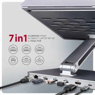 AXAGON HMC-STND, stojan pre 10"-17" notebooky, USB 5Gbps húb, 3x USB-A, HDMI 4k/60Hz, RJ-45, PD 100W, kábel USB-C 60cm - Použité