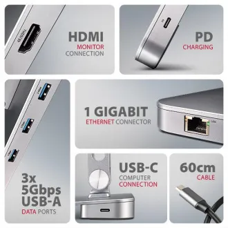 AXAGON HMC-STND, stojan pre 10"-17" notebooky, USB 5Gbps húb, 3x USB-A, HDMI 4k/60Hz, RJ-45, PD 100W, kábel USB-C 60cm - Použité