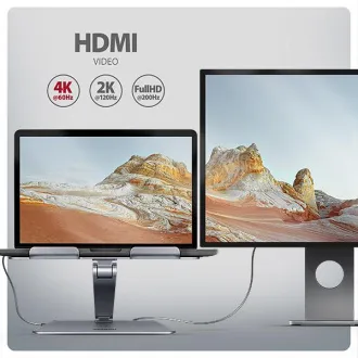AXAGON HMC-STND, stojan pre 10"-17" notebooky, USB 5Gbps húb, 3x USB-A, HDMI 4k/60Hz, RJ-45, PD 100W, kábel USB-C 60cm - Použité