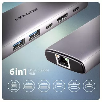 AXAGON HMC-6G2L, USB 10Gb/s húb, 2x USB-A, 1x USB-C, HDMI 4k/60, RJ-45, PD 100W, kábel USB-C 15cm