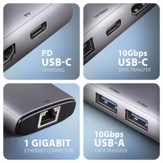 AXAGON HMC-6G2L, USB 10Gb/s húb, 2x USB-A, 1x USB-C, HDMI 4k/60, RJ-45, PD 100W, kábel USB-C 15cm