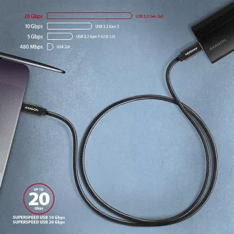 AXAGON BUCM32-CM15AB, SPEED+ kábel USB-C <-> USB-C, 1.5m, USB 20Gbps, PD 100W 5A, 4K HD, ALU, oplet, čierny
