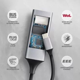 AXAGON ADE-TXPD, USB-C 3.2 Gen 1 - Gigabit Ethernet sieťová karta, Asix AX88179, PD 100W, auto inštal