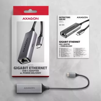 AXAGON ADE-TXPD, USB-C 3.2 Gen 1 - Gigabit Ethernet sieťová karta, Asix AX88179, PD 100W, auto inštal