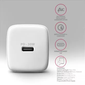 AXAGON ACU-PD30W, Sil nabíjačka do siete 30W, 1x port USB-C, PD3.0/PPS/QC4+/SFC/AFC/Apple, biela