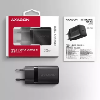 AXAGON ACU-PD20, nabíjačka do siete 20W, 1x port USB-C, PD3.0/PPS/QC4+/AFC/Apple, čierna