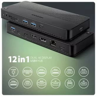 AXAGON HMC-U4, USB4 40Gbps dock, 3x USB-A, 2x USB-C, HDMI a DP 8K/30Hz, RJ-45, SD/mSD, audio, PD 100W, kábel USB-C 80cm