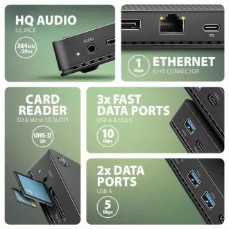 AXAGON HMC-U4, USB4 40Gbps dock, 3x USB-A, 2x USB-C, HDMI a DP 8K/30Hz, RJ-45, SD/mSD, audio, PD 100W, kábel USB-C 80cm