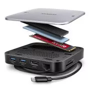 AXAGON HMC-UFO, USB 10Gbps húb, 2x USB-A, USB-C, HDMI 4k/60, RJ-45, M.2 slot, SD/mSD, audio, PD 100W, kábel USB-C 65cm