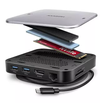 AXAGON HMC-UFO, USB 10Gbps húb, 2x USB-A, USB-C, HDMI 4k/60, RJ-45, M.2 slot, SD/mSD, audio, PD 100W, kábel USB-C 65cm