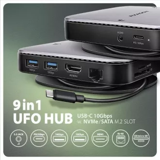 AXAGON HMC-UFO, USB 10Gbps húb, 2x USB-A, USB-C, HDMI 4k/60, RJ-45, M.2 slot, SD/mSD, audio, PD 100W, kábel USB-C 65cm