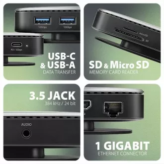 AXAGON HMC-UFO, USB 10Gbps húb, 2x USB-A, USB-C, HDMI 4k/60, RJ-45, M.2 slot, SD/mSD, audio, PD 100W, kábel USB-C 65cm