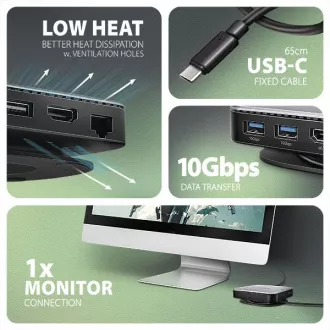 AXAGON HMC-UFO, USB 10Gbps húb, 2x USB-A, USB-C, HDMI 4k/60, RJ-45, M.2 slot, SD/mSD, audio, PD 100W, kábel USB-C 65cm