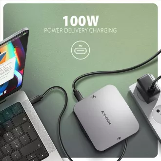 AXAGON HMC-UFO, USB 10Gbps húb, 2x USB-A, USB-C, HDMI 4k/60, RJ-45, M.2 slot, SD/mSD, audio, PD 100W, kábel USB-C 65cm