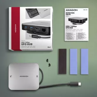 AXAGON HMC-UFO, USB 10Gbps húb, 2x USB-A, USB-C, HDMI 4k/60, RJ-45, M.2 slot, SD/mSD, audio, PD 100W, kábel USB-C 65cm