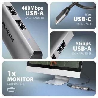 AXAGON HMC-H3A, USB 5Gbps húb, 3x USB-A, HDMI 4k/30Hz, kábel USB-C 15cm AXAGON HMC-H3A, USB 5Gbps húb, 3x USB-A, HDMI 4k/30Hz, kábel USB-C 15cm