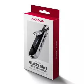 AXAGON HMC-6GLN, USB 5Gbps húb, 2x USB-A, USB-C, HDMI 4k/60Hz, RJ-45 GLAN, PD 100W, kábel USB-C 20cm