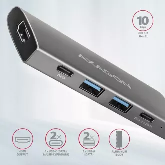 AXAGON HMC-5G21, USB 10Gb/s húb, porty 2x USB-A, 2x USB-C, HDMI 4k/30, PD 60W, kábel USB-C 13cm