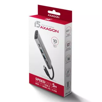 AXAGON HMC-5G21, USB 10Gb/s húb, porty 2x USB-A, 2x USB-C, HDMI 4k/30, PD 60W, kábel USB-C 13cm