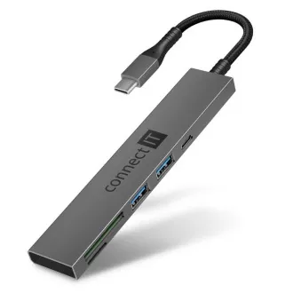 CONNECT IT USB-C húb, 2x USB-A, 1x USB-C, 1x SD karta, 1x MicroSD karta, sivá