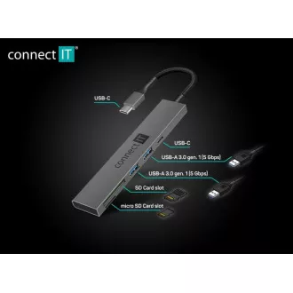 CONNECT IT USB-C húb, 2x USB-A, 1x USB-C, 1x SD karta, 1x MicroSD karta, sivá
