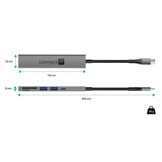 CONNECT IT USB-C húb, 2x USB-A, 1x USB-C, 1x SD karta, 1x MicroSD karta, sivá