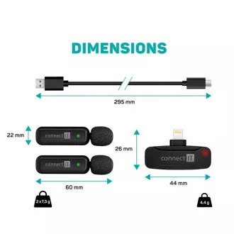CONNECT IT Mikrofón ClipMic, 2x Bezdrôtový Lavalier mikrofón s prijímačom, Lightning konektor, čierna CONNECT IT Mikrofón ClipMic, 2x Bezdrôtový Lavalier mikrofón s prijímačom, Lightning konektor, čierna