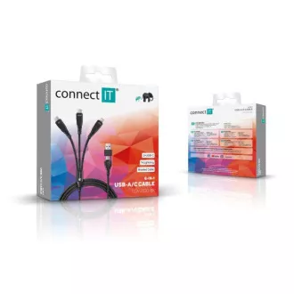 CONNECT IT Nabíjací kábel Wirez 6v1, USB-C/USB, Lightning + 2x USB-C, 1.25m, čierna