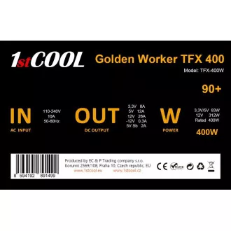 1stCOOL Zdroj Golden Worker TFX 400 88+, 400W, TFX, čierna