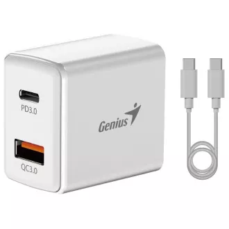 GENIUS nabíjací set PD-20ACP, 20W, rýchle nabíjanie, USB-C PD3.0, USB-A QC3.0, 1m kábel USB-C USB-C, biela
