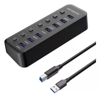 PREMIUMCORD Hub USB 3.2, 7-portový s vypínačmi portov, 5G SuperSpeed, Čierna