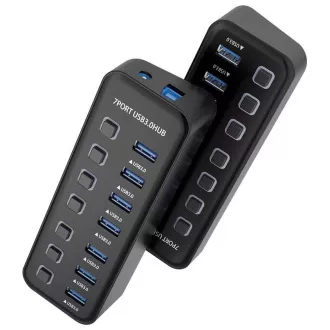 PREMIUMCORD Hub USB 3.2, 7-portový s vypínačmi portov, 5G SuperSpeed, Čierna