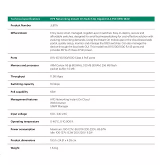 HPE Networking Instant On Switch 8p Gigabit CL4 PoE 65W (fanless) 1830 (JL811A)