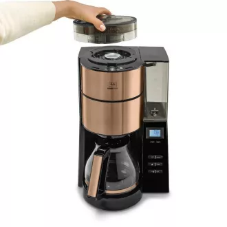 Melitta AromaFresh 1021-04 kávovar s mlynčekom, prekvapkávač, sklenená kanvica, 1180 W, displej, medený