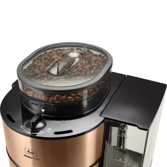 Melitta AromaFresh 1021-04 kávovar s mlynčekom, prekvapkávač, sklenená kanvica, 1180 W, displej, medený