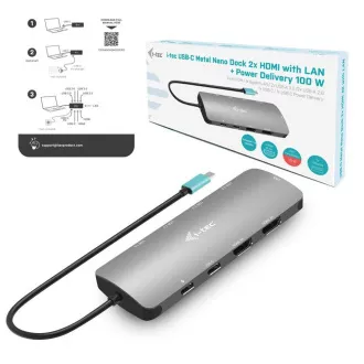 i-tec USB-C Metal Nano 2x HDMI Docking Station, PD 100W