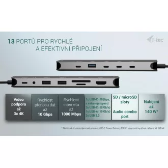 i-tec USB-C Metal Nano 3x Display Dock, 2x HDMI 1x USB-C video, PD 140W + Universal Charger 140 W
