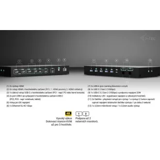 i-tec USB-C KVM Docking station pre 3 Hosts, Dual Display, Power Delivery 1x 92W/2x 65W