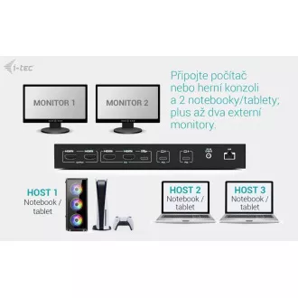i-tec USB-C KVM Docking station pre 3 Hosts, Dual Display, Power Delivery 1x 92W/2x 65W