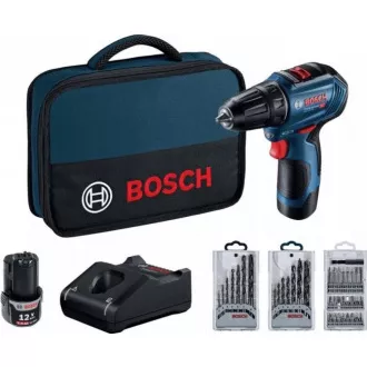 BOSCH GSR 12V-30, akumulátorový vŕtací skrutkovač, 0 – 420 / 0 – 1.600 ot/min, 8 mm, sada bitov a vrtákov, taška BOSCH GSR 12V-30, akumulátorový vŕtací skrutkovač, 0 – 420 / 0 – 1.600 ot/min, 8 mm, sada bitov a vrtákov, taška