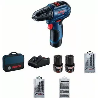 BOSCH GSR 12V-30, akumulátorový vŕtací skrutkovač, 0 – 420 / 0 – 1.600 ot/min, 8 mm, sada bitov a vrtákov, taška BOSCH GSR 12V-30, akumulátorový vŕtací skrutkovač, 0 – 420 / 0 – 1.600 ot/min, 8 mm, sada bitov a vrtákov, taška