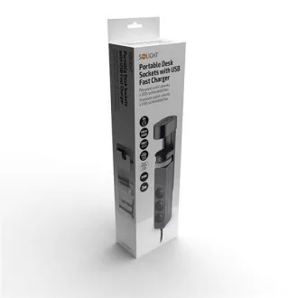 Solight 3z + USB A + C prenosné stolné zásuvky, 2m, čierna, USB rýchlonabíjačka 20W PD