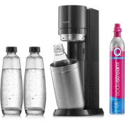 SodaStream Duo Titan Promo-Pack výrobník sódy, 2 sklenené fľaše, 1 plastová fľaša, bombička s CO2, čierny