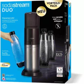 SodaStream Duo Titan Promo-Pack výrobník sódy, 2 sklenené fľaše, 1 plastová fľaša, bombička s CO2, čierny SodaStream Duo Titan Promo-Pack výrobník sódy, 2 sklenené fľaše, 1 plastová fľaša, bombička s CO2, čierny